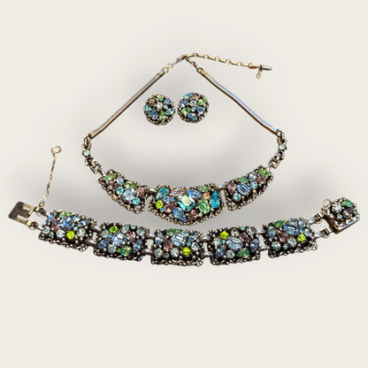 Vintage Barclay Uranium Rhinestone Parure – Signed Necklace, Bracelet & Earrings Set, 1950s Hollywood Regency Glamour