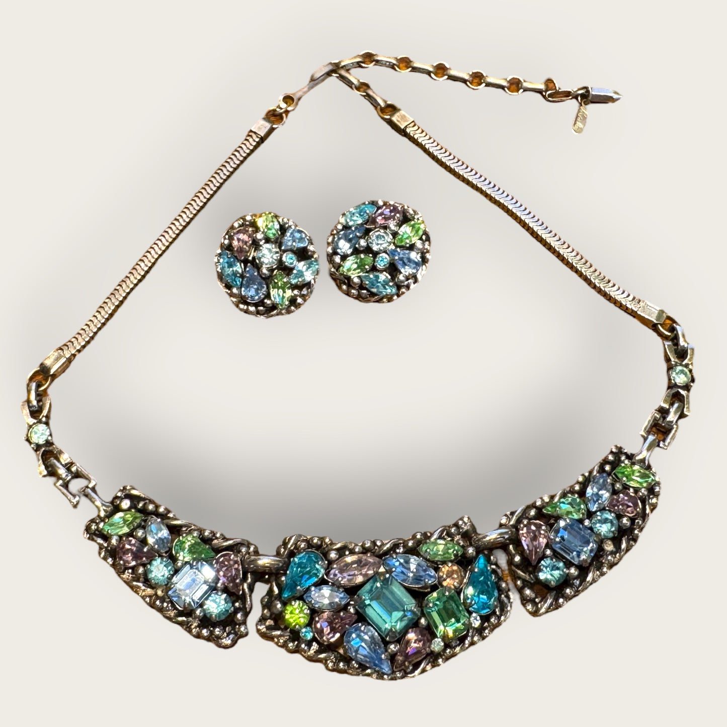 Vintage Barclay Uranium Rhinestone Parure – Signed Necklace, Bracelet & Earrings Set, 1950s Hollywood Regency Glamour