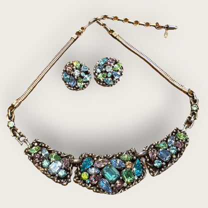 Vintage Barclay Uranium Rhinestone Parure – Signed Necklace, Bracelet & Earrings Set, 1950s Hollywood Regency Glamour