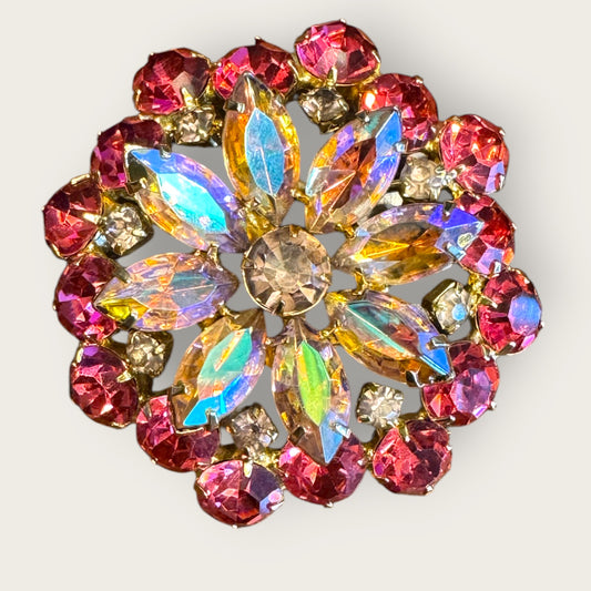 Vintage Mid-Century Fuchsia & Aurora Borealis Rhinestone Brooch – Three-Layer Dome Floral Design