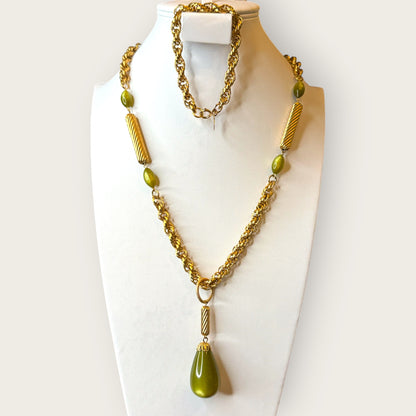 Vintage Sarah Coventry “Galaxy” Necklace & Bracelet Set – Gold Tone with Avocado Lucite Drop, Original Box, 1960s