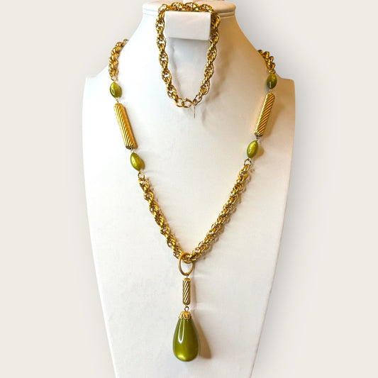 Vintage Sarah Coventry “Galaxy” Necklace & Bracelet Set – Gold Tone with Avocado Lucite Drop, Original Box, 1960s