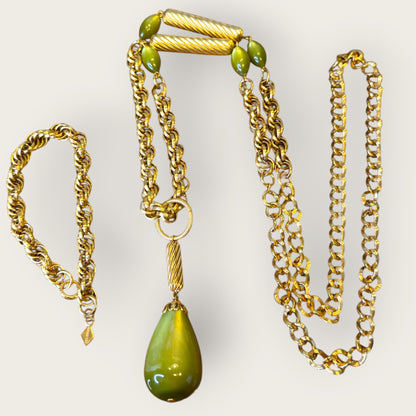 Vintage Sarah Coventry “Galaxy” Necklace & Bracelet Set – Gold Tone with Avocado Lucite Drop, Original Box, 1960s