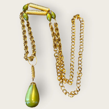 Vintage Sarah Coventry “Galaxy” Necklace & Bracelet Set – Gold Tone with Avocado Lucite Drop, Original Box, 1960s