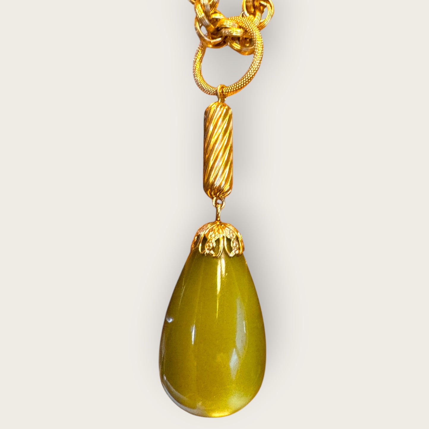 Vintage Sarah Coventry “Galaxy” Necklace & Bracelet Set – Gold Tone with Avocado Lucite Drop, Original Box, 1960s