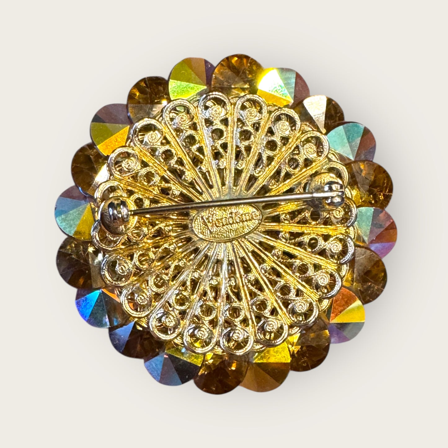 Vintage Signed Vendome Rivoli Crystal Dome Brooch – Golden Topaz & Aurora Borealis, 2”