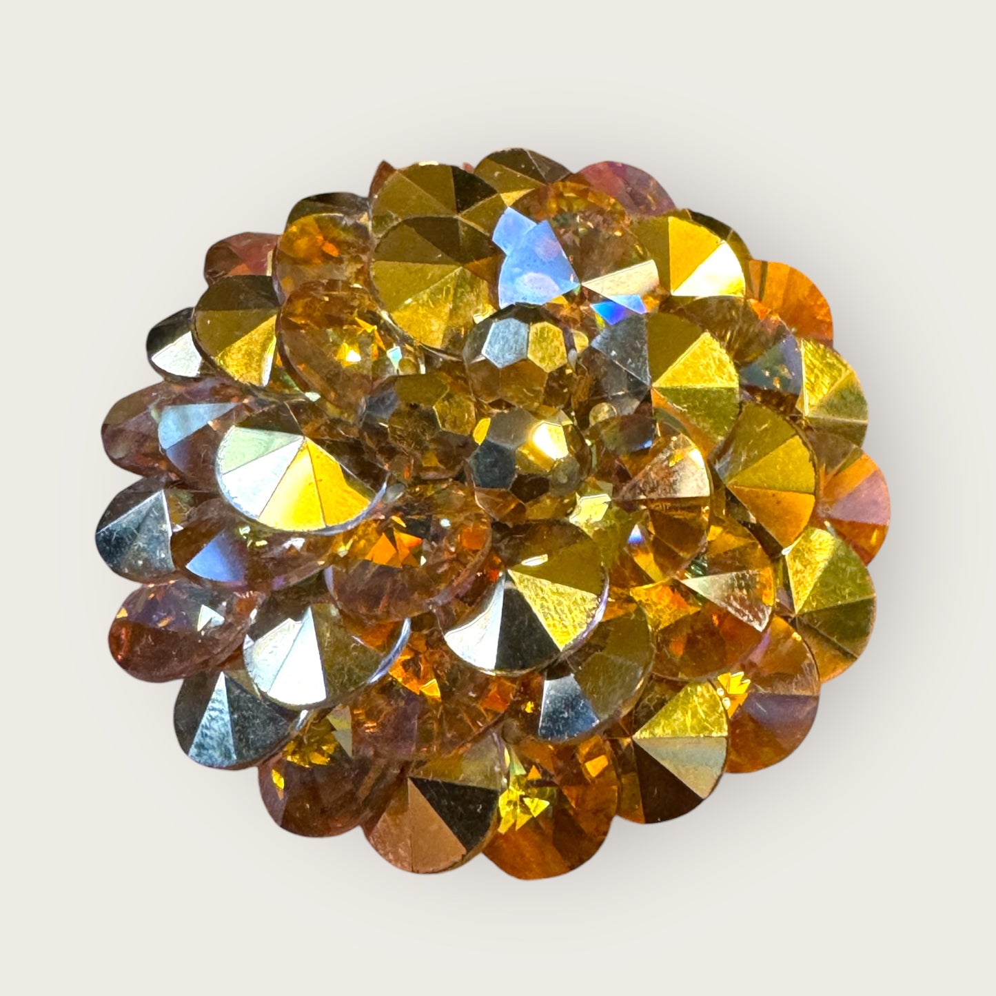 Vintage Signed Vendome Rivoli Crystal Dome Brooch – Golden Topaz & Aurora Borealis, 2”