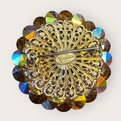 Vintage Signed Vendome Rivoli Crystal Dome Brooch – Golden Topaz & Aurora Borealis, 2”