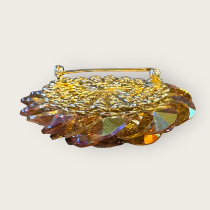 Vintage Signed Vendome Rivoli Crystal Dome Brooch – Golden Topaz & Aurora Borealis, 2”