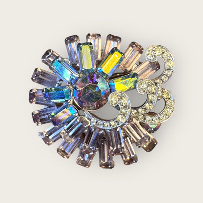 Vintage Signed Weiss Pastel Lavender & Aurora Borealis Brooch – Layered Silver Plated Design, 2”