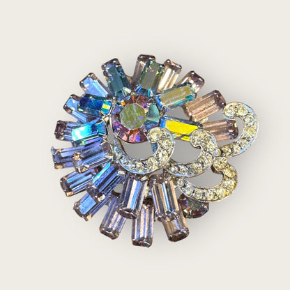 Vintage Signed Weiss Pastel Lavender & Aurora Borealis Brooch – Layered Silver Plated Design, 2”