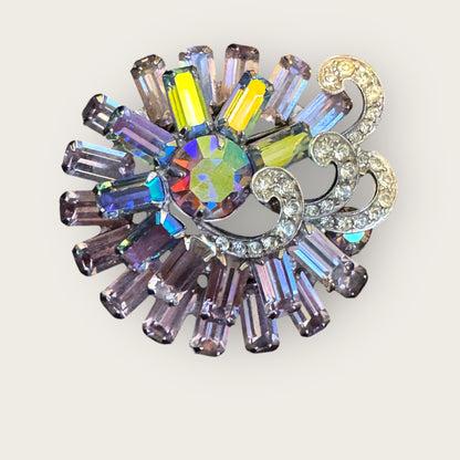 Vintage Signed Weiss Pastel Lavender & Aurora Borealis Brooch – Layered Silver Plated Design, 2”