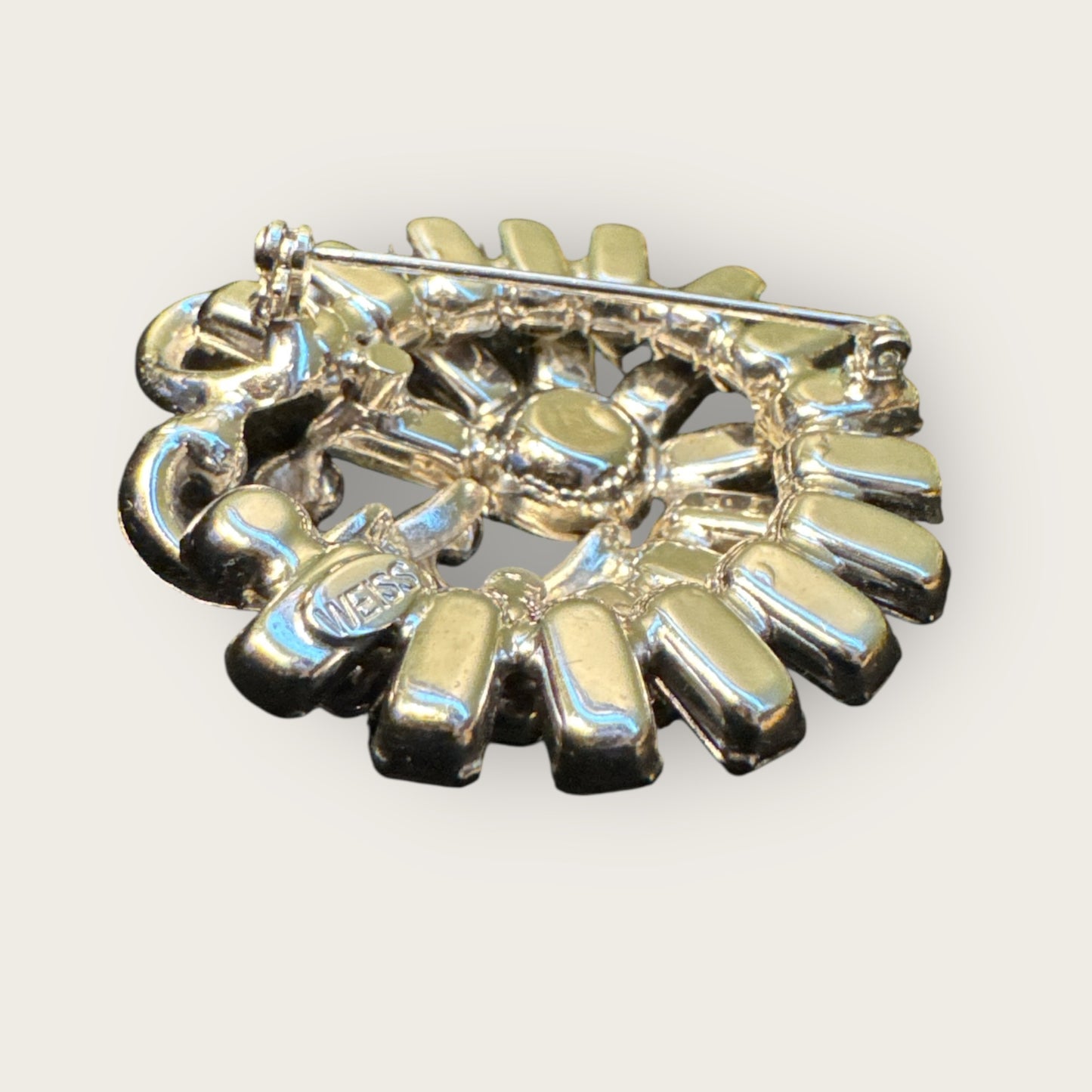 Vintage Signed Weiss Pastel Lavender & Aurora Borealis Brooch – Layered Silver Plated Design, 2”