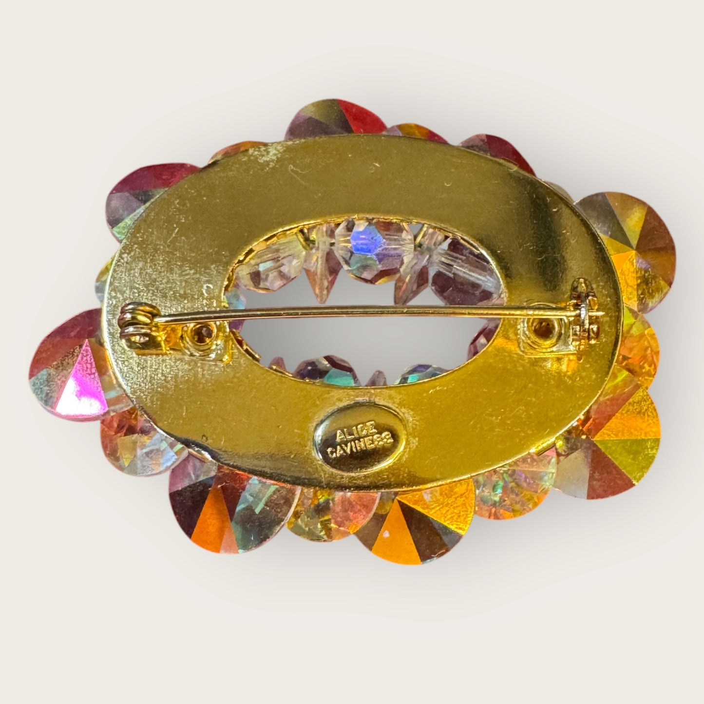 Vintage Signed Alice Caviness Aurora Borealis Crystal Brooch – Mid-Century Oval Cluster Design