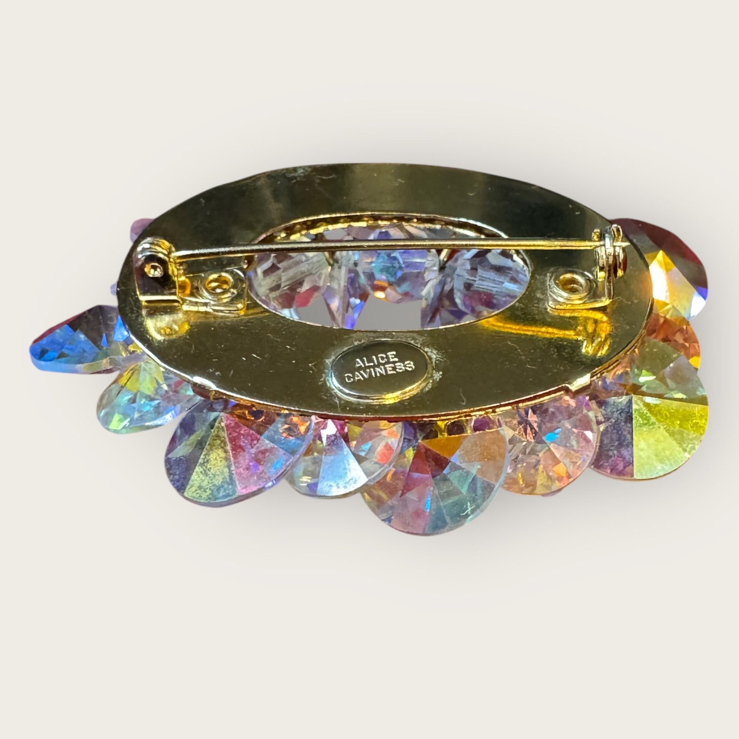 Vintage Signed Alice Caviness Aurora Borealis Crystal Brooch – Mid-Century Oval Cluster Design
