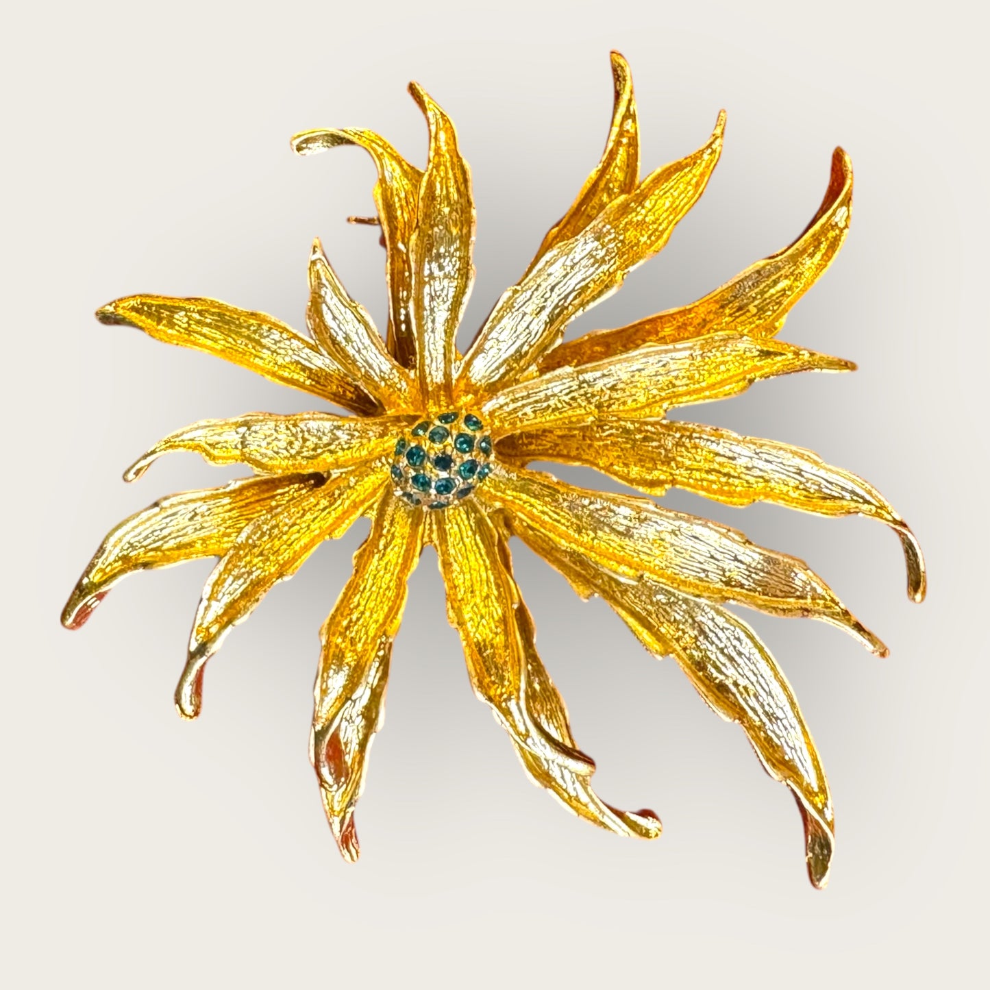 Vintage Signed HEIDIK9 Statement Floral Brooch & Pendant – Sculpted Gold Sunburst with Emerald Rhinestone Center