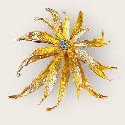 Vintage Signed HEIDIK9 Statement Floral Brooch & Pendant – Sculpted Gold Sunburst with Emerald Rhinestone Center