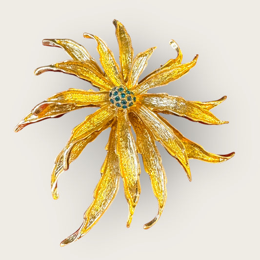 Vintage Signed HEIDIK9 Statement Floral Brooch & Pendant – Sculpted Gold Sunburst with Emerald Rhinestone Center