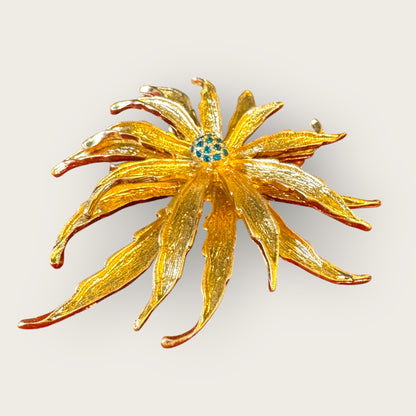 Vintage Signed HEIDIK9 Statement Floral Brooch & Pendant – Sculpted Gold Sunburst with Emerald Rhinestone Center