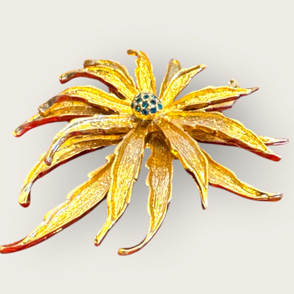 Vintage Signed HEIDIK9 Statement Floral Brooch & Pendant – Sculpted Gold Sunburst with Emerald Rhinestone Center