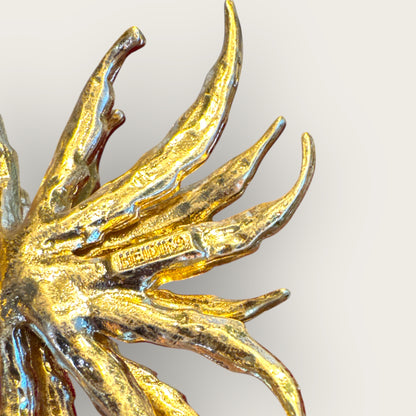 Vintage Signed HEIDIK9 Statement Floral Brooch & Pendant – Sculpted Gold Sunburst with Emerald Rhinestone Center