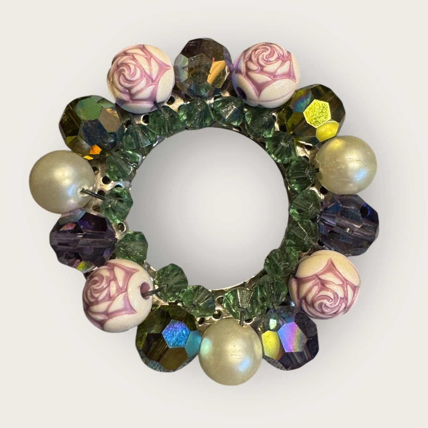 Vintage Floral & Crystal Beaded Circle Brooch – Lavender, Aquamarine & Pearl Accents