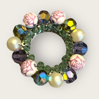 Vintage Floral & Crystal Beaded Circle Brooch – Lavender, Aquamarine & Pearl Accents