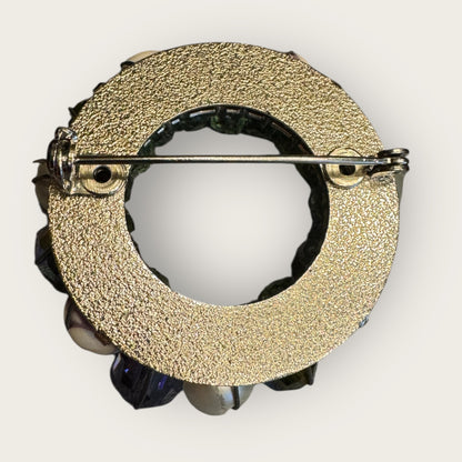 Vintage Floral & Crystal Beaded Circle Brooch – Lavender, Aquamarine & Pearl Accents