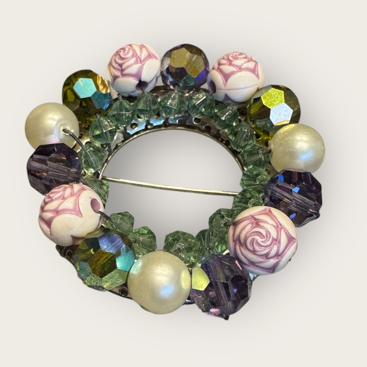 Vintage Floral & Crystal Beaded Circle Brooch – Lavender, Aquamarine & Pearl Accents