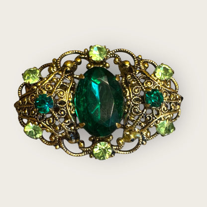 Vintage Emerald & Peridot Rhinestone Filigree Brooch – Antique Gold Setting