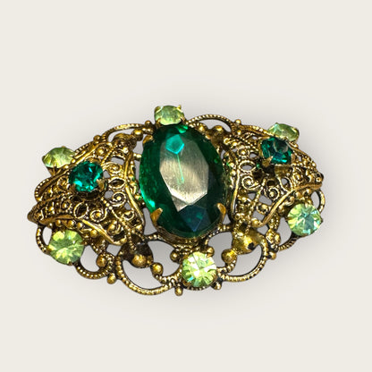 Vintage Emerald & Peridot Rhinestone Filigree Brooch – Antique Gold Setting