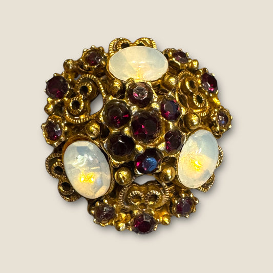 Vintage Florenza Domed Filigree Brooch – Antique Gold with Garnet Rhinestones & Moonstone Cabochons
