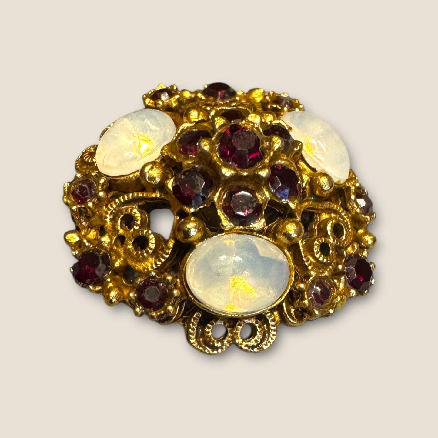 Vintage Florenza Domed Filigree Brooch – Antique Gold with Garnet Rhinestones & Moonstone Cabochons