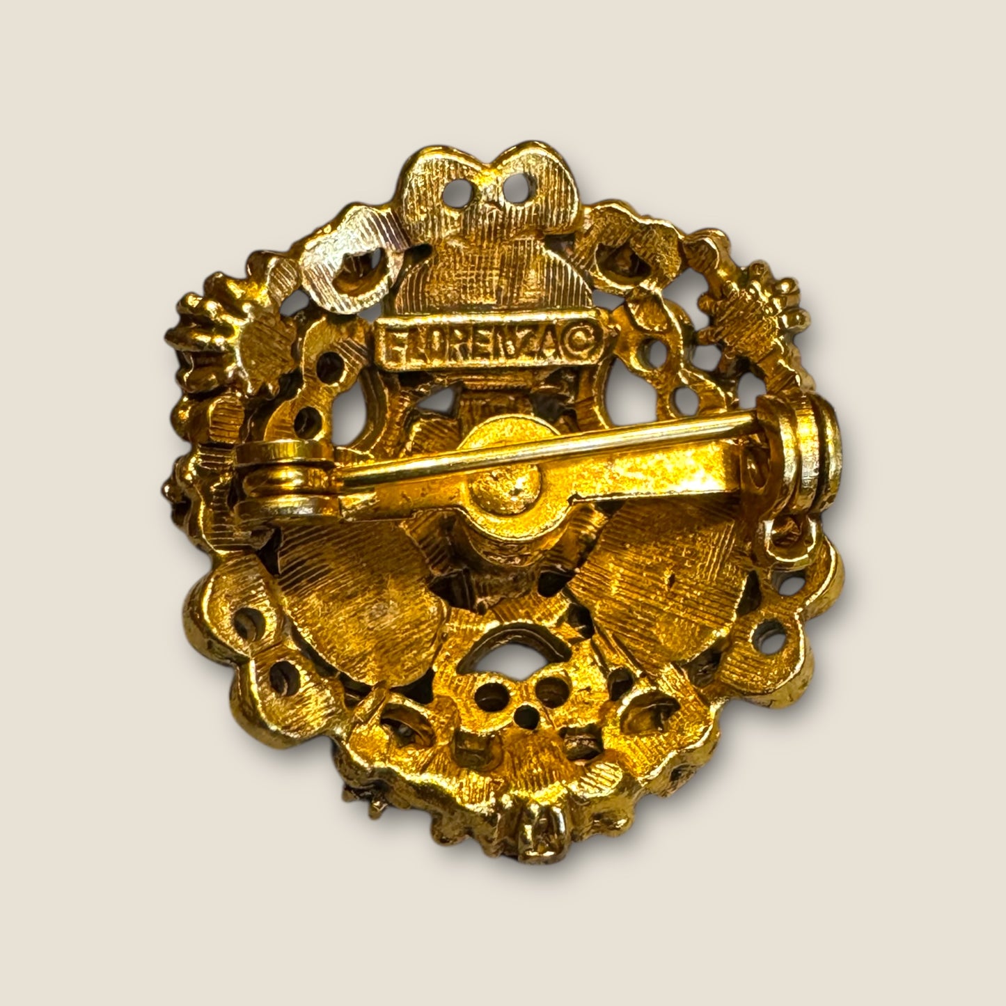 Vintage Florenza Domed Filigree Brooch – Antique Gold with Garnet Rhinestones & Moonstone Cabochons