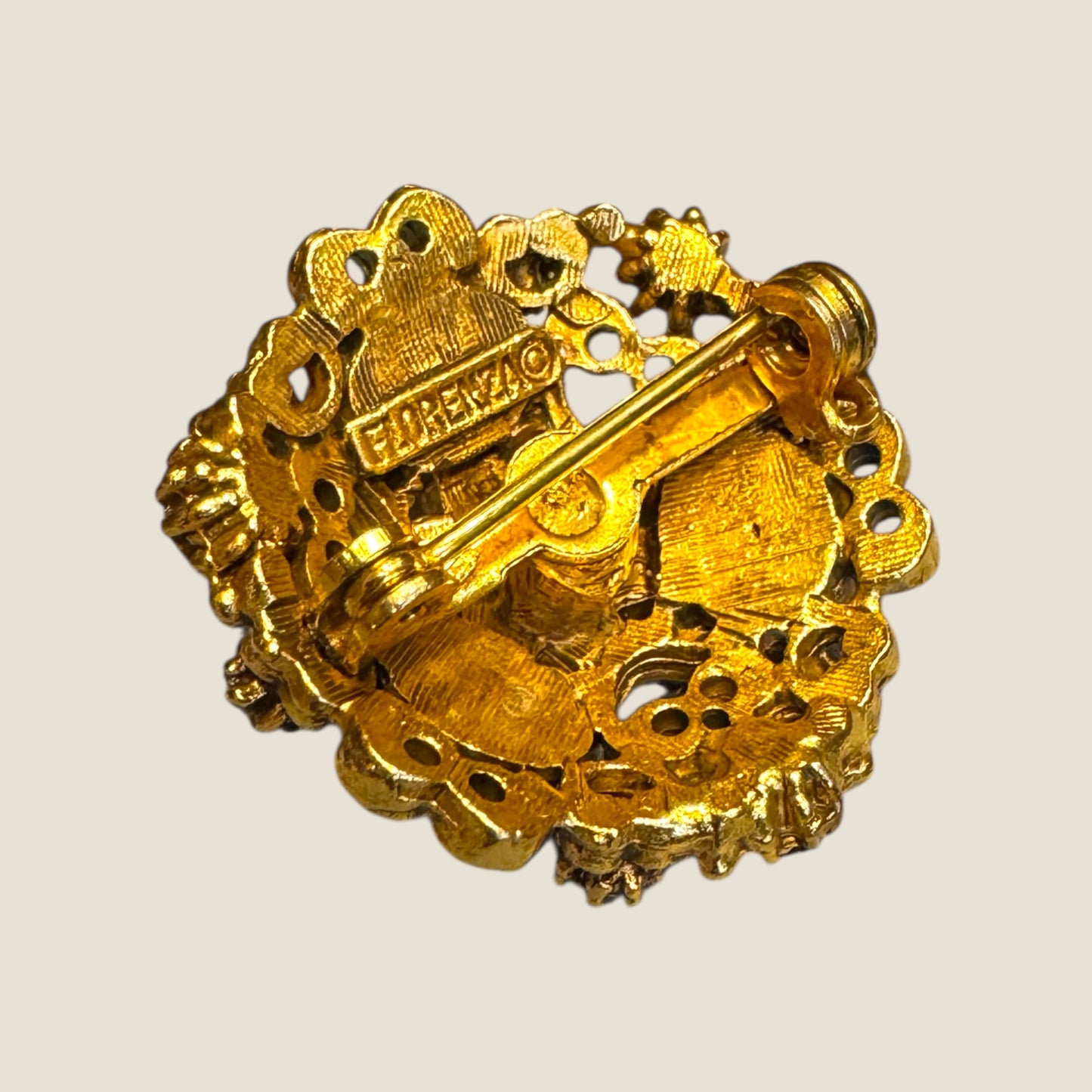 Vintage Florenza Domed Filigree Brooch – Antique Gold with Garnet Rhinestones & Moonstone Cabochons