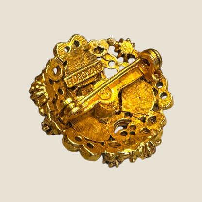 Vintage Florenza Domed Filigree Brooch – Antique Gold with Garnet Rhinestones & Moonstone Cabochons