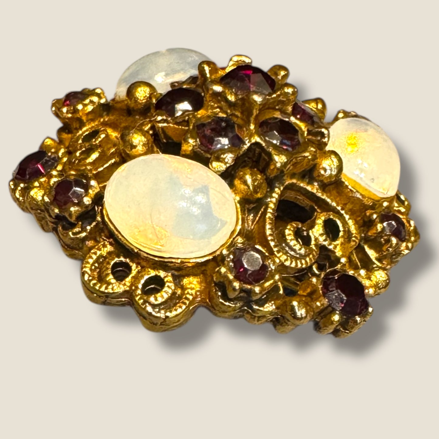 Vintage Florenza Domed Filigree Brooch – Antique Gold with Garnet Rhinestones & Moonstone Cabochons
