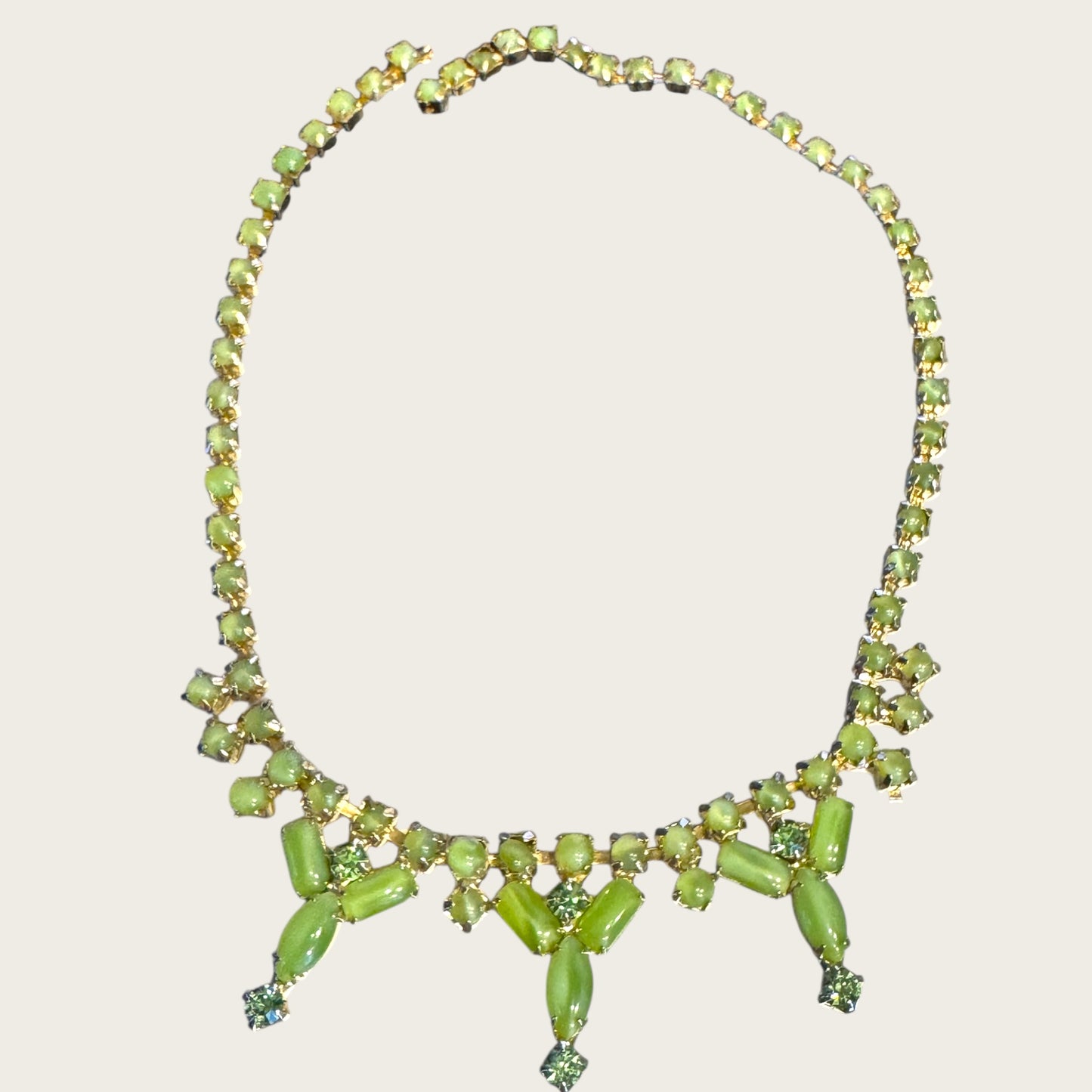 Vintage Joseph Warner Uranium Glass Necklace – Mid-Century Chartreuse Glow with Gold-Tone Setting