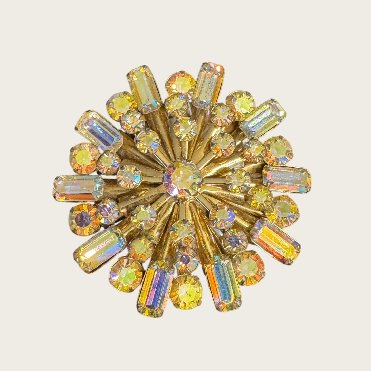 Vintage Aurora Borealis Starburst Brooch – Layered Radiance in Gold-Tone