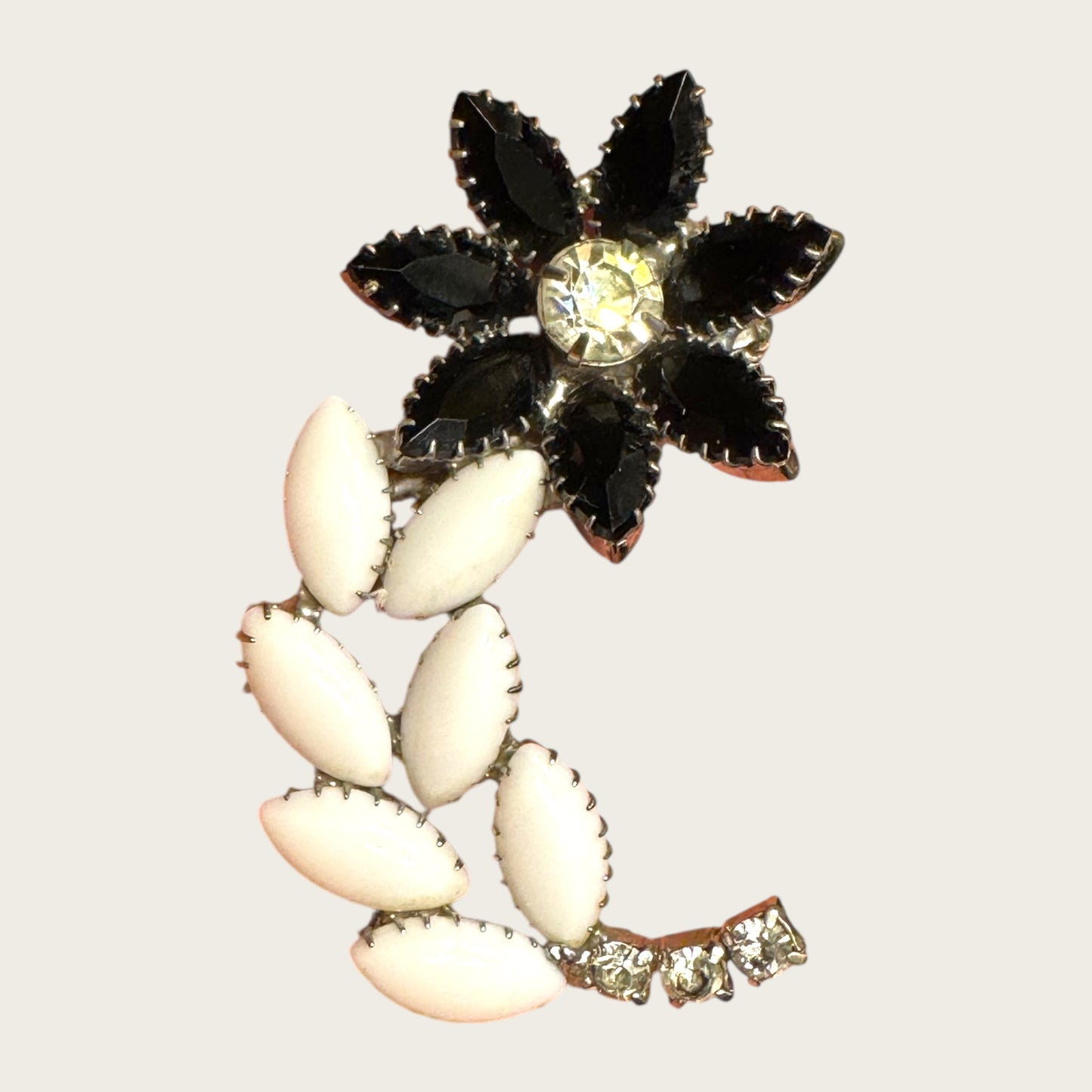 Vintage Black Glass, Milk Glass & Clear Rhinestone Floral Brooch – Statement Bloom