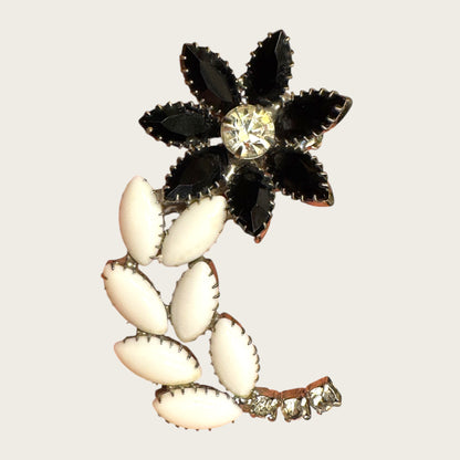 Vintage Black Glass, Milk Glass & Clear Rhinestone Floral Brooch – Statement Bloom