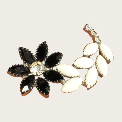 Vintage Black Glass, Milk Glass & Clear Rhinestone Floral Brooch – Statement Bloom