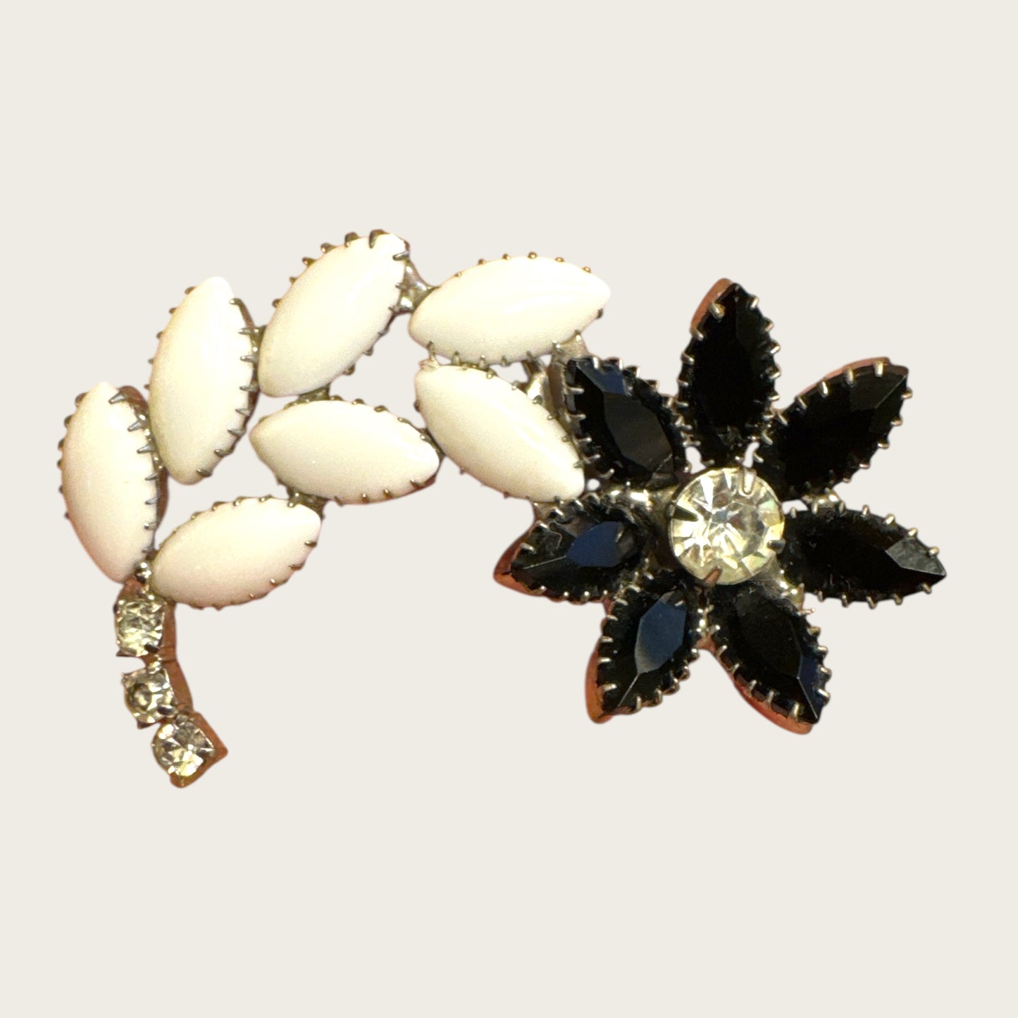 Vintage Black Glass, Milk Glass & Clear Rhinestone Floral Brooch – Statement Bloom