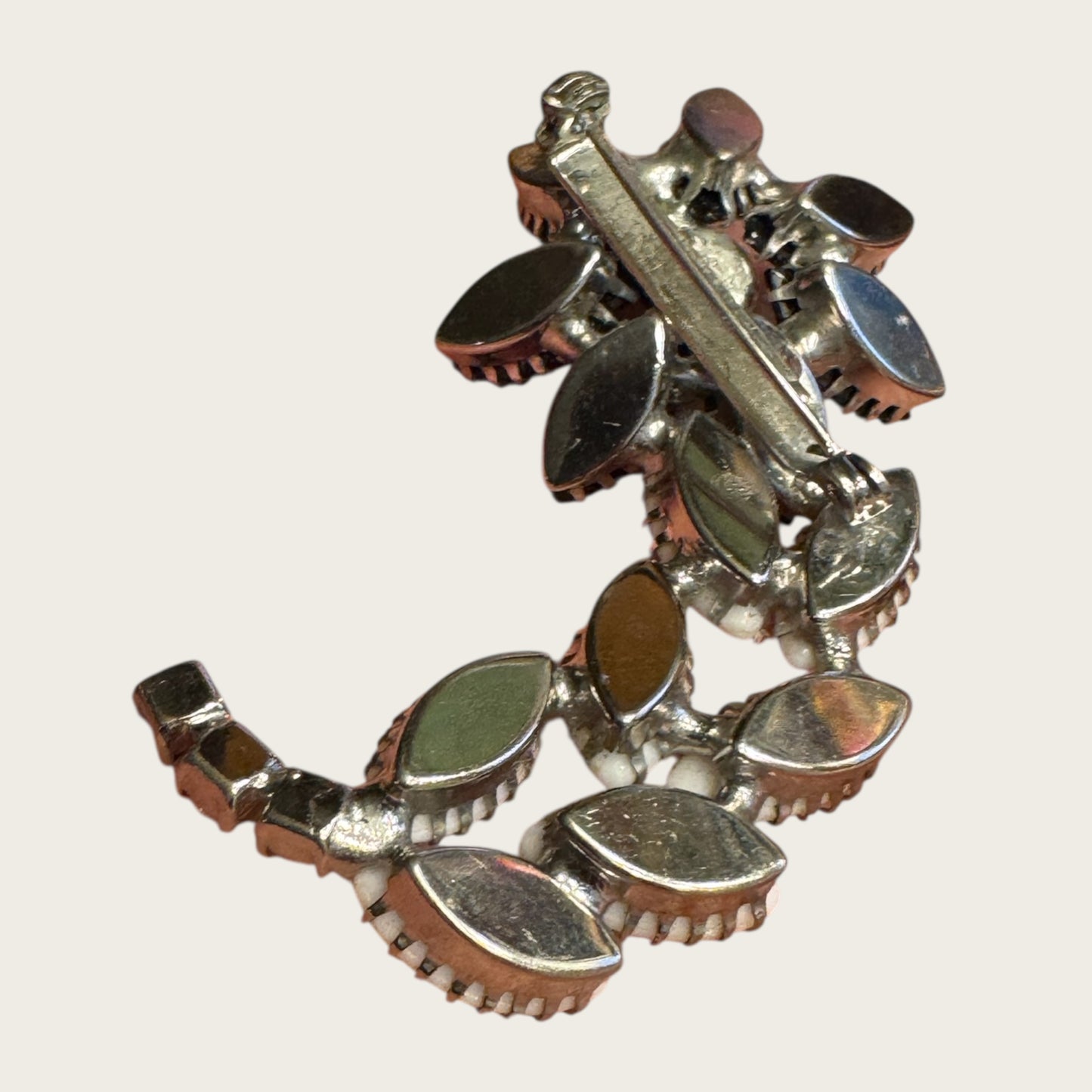 Vintage Black Glass, Milk Glass & Clear Rhinestone Floral Brooch – Statement Bloom