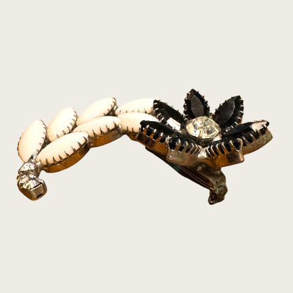 Vintage Black Glass, Milk Glass & Clear Rhinestone Floral Brooch – Statement Bloom