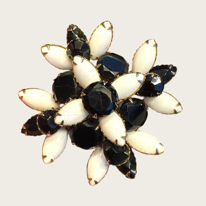 Vintage Black & White Layered Floral Brooch – Riveted Construction, Prong-Set Stones