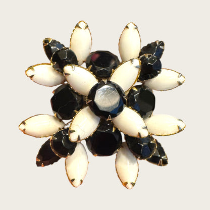 Vintage Black & White Layered Floral Brooch – Riveted Construction, Prong-Set Stones