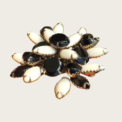 Vintage Black & White Layered Floral Brooch – Riveted Construction, Prong-Set Stones