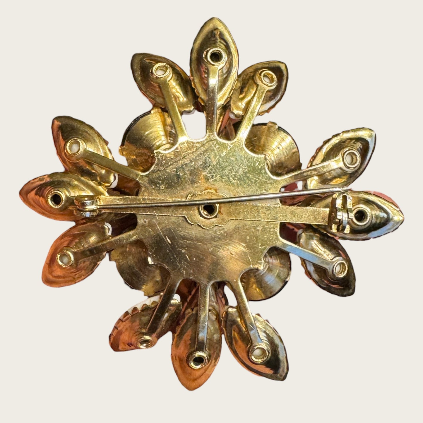 Vintage Black & White Layered Floral Brooch – Riveted Construction, Prong-Set Stones