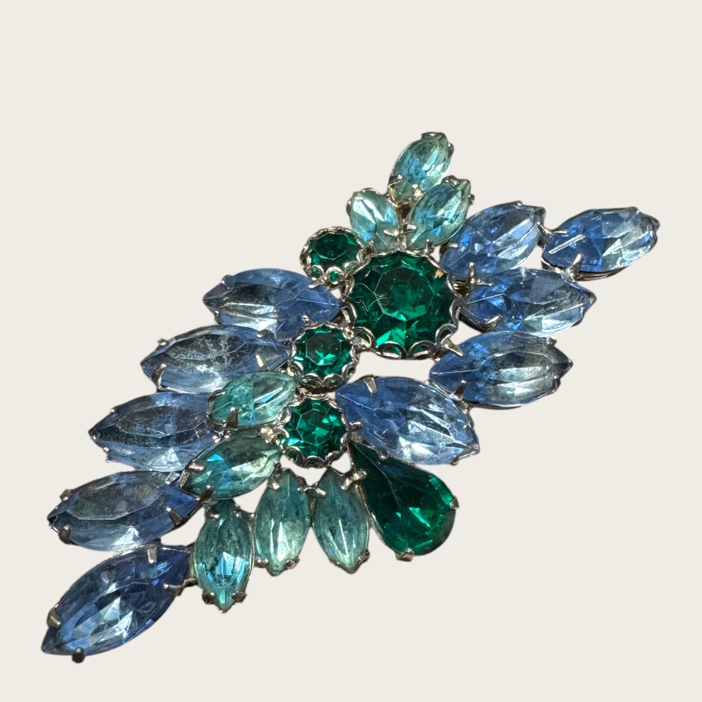 Vintage Aqua, Sapphire & Emerald Rhinestone Spray Brooch – Layered Navettes & Teardrop Gemstone